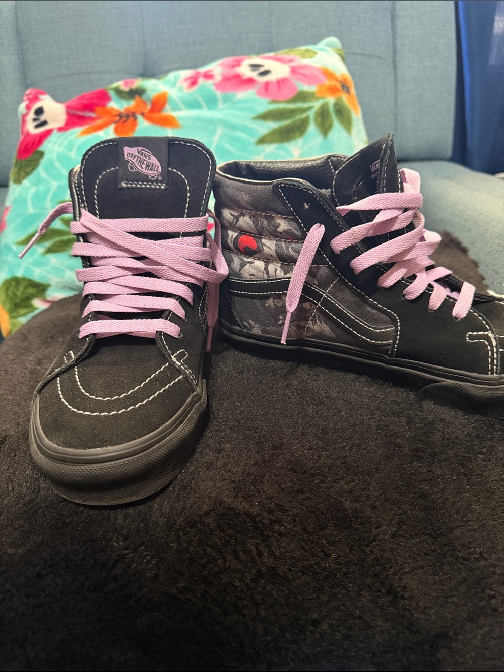 Vans Black High-Top Sneakers with Pink Laces and Patterned Side Panels